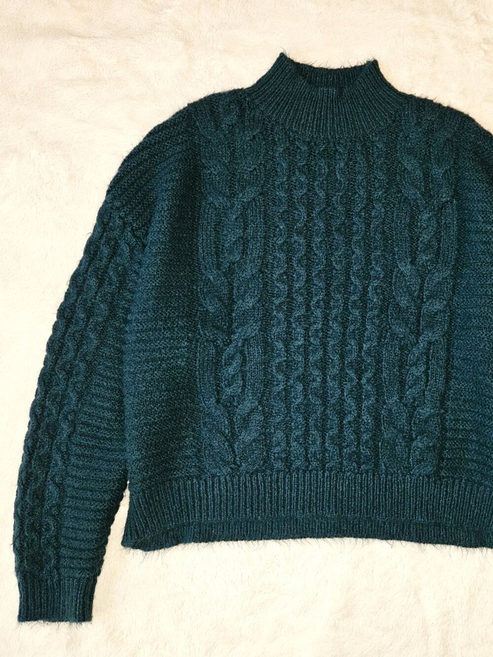 Major Women's Dark Green Soft Fluffy Sweater Textured Cable Knit Stand Collar L